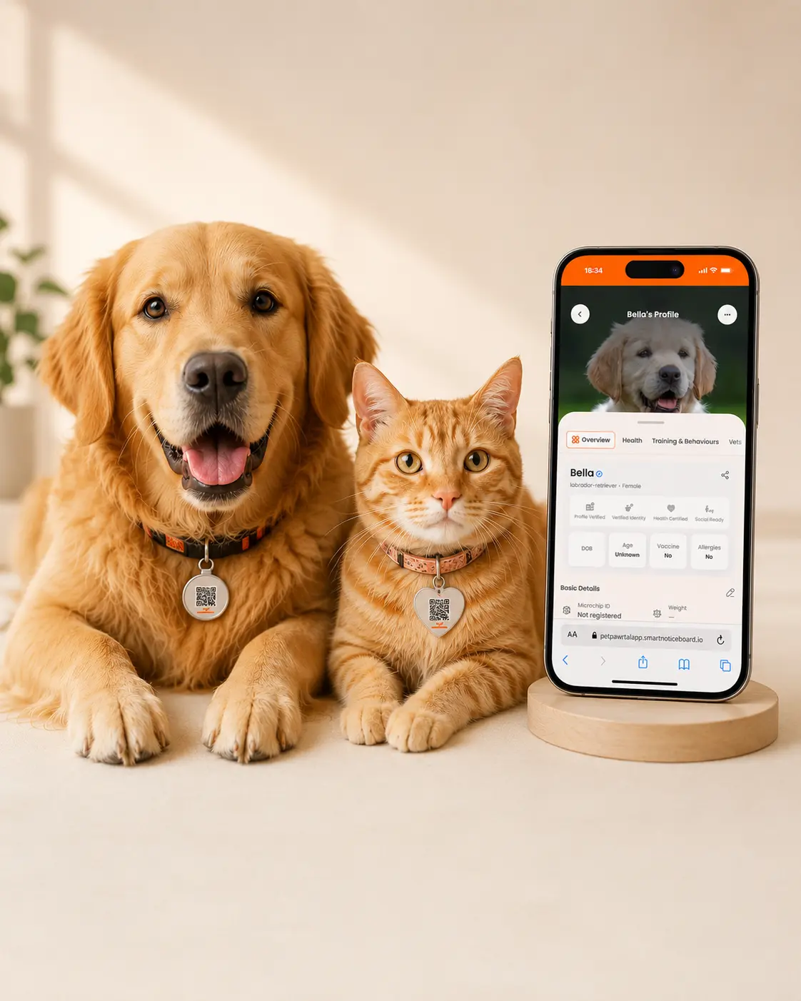 Golden retriever and tabby cat wearing FurMyLife smart QR tags, next to a phone showing their FurMyLife profile